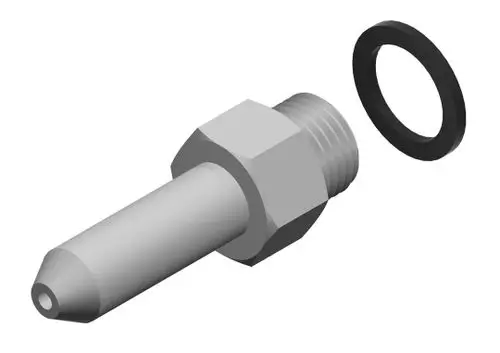 Graue Gasdüse von Bosch mit hexagonalem Anschluss und umlaufender Dichtung. Produkt zeigt eine zylindrische Form mit konischer Spitze.